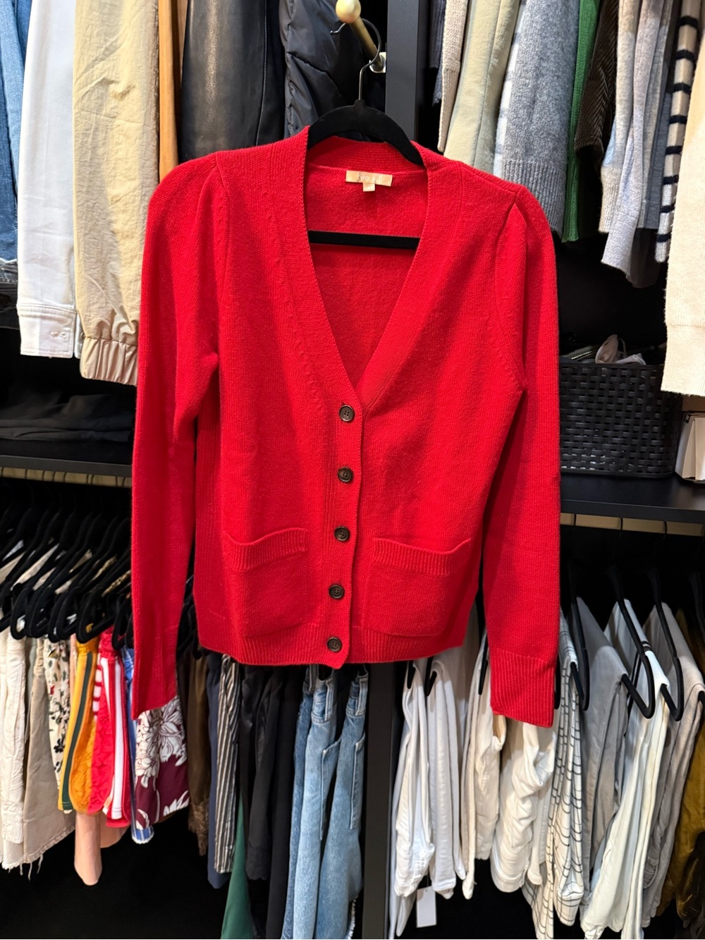 KIER + J Bright Red V-Neck cashmere Button Cardigan